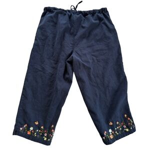 Christopher & Banks Navy Linen Blend Embroidered Floral Crop Pants XL Y2K